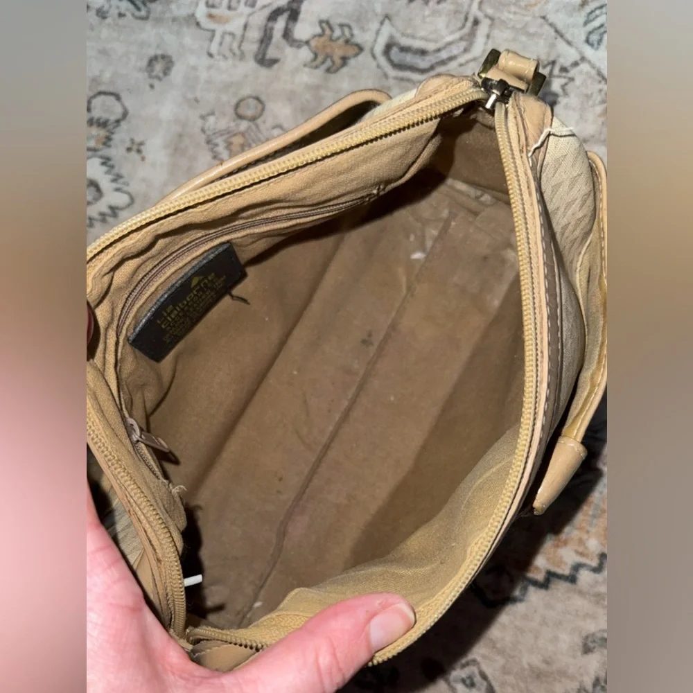 Vintage 1984 Liz Claiborne Crossbody Bag - Tan Triangle Print - Leather Trim